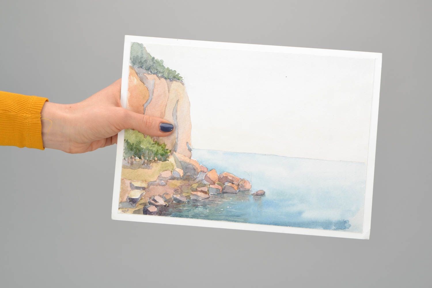 Картина акварелью Скалы над морем фото 1