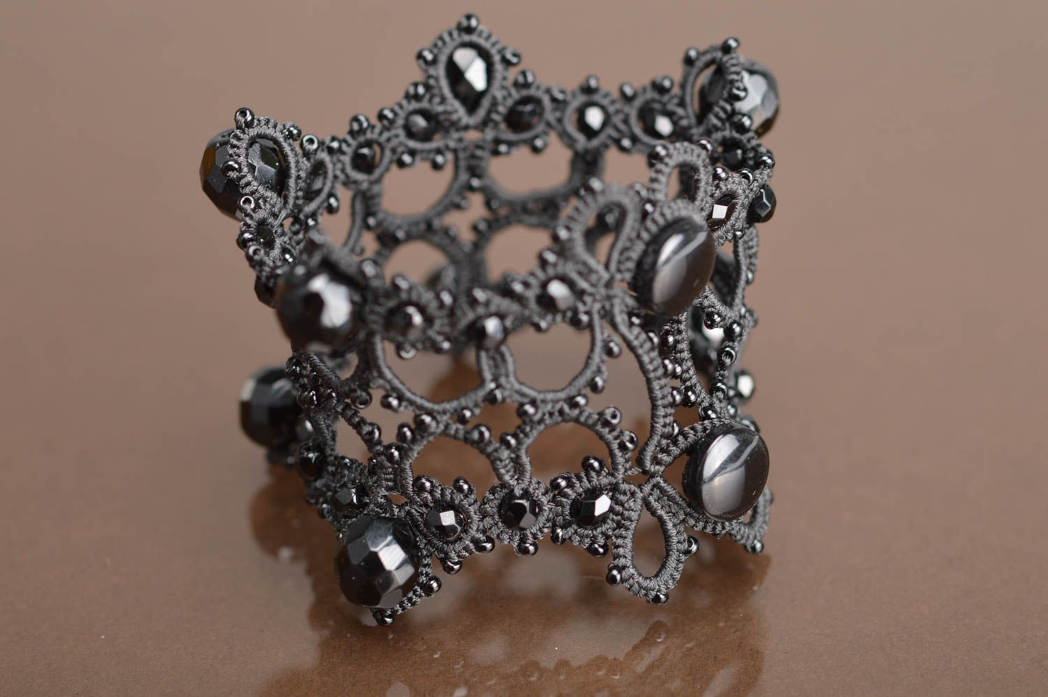 Handgemachtes Occhi Armband mit Glasperlen und Perlen schwarz ajour Vintage Stil foto 2
