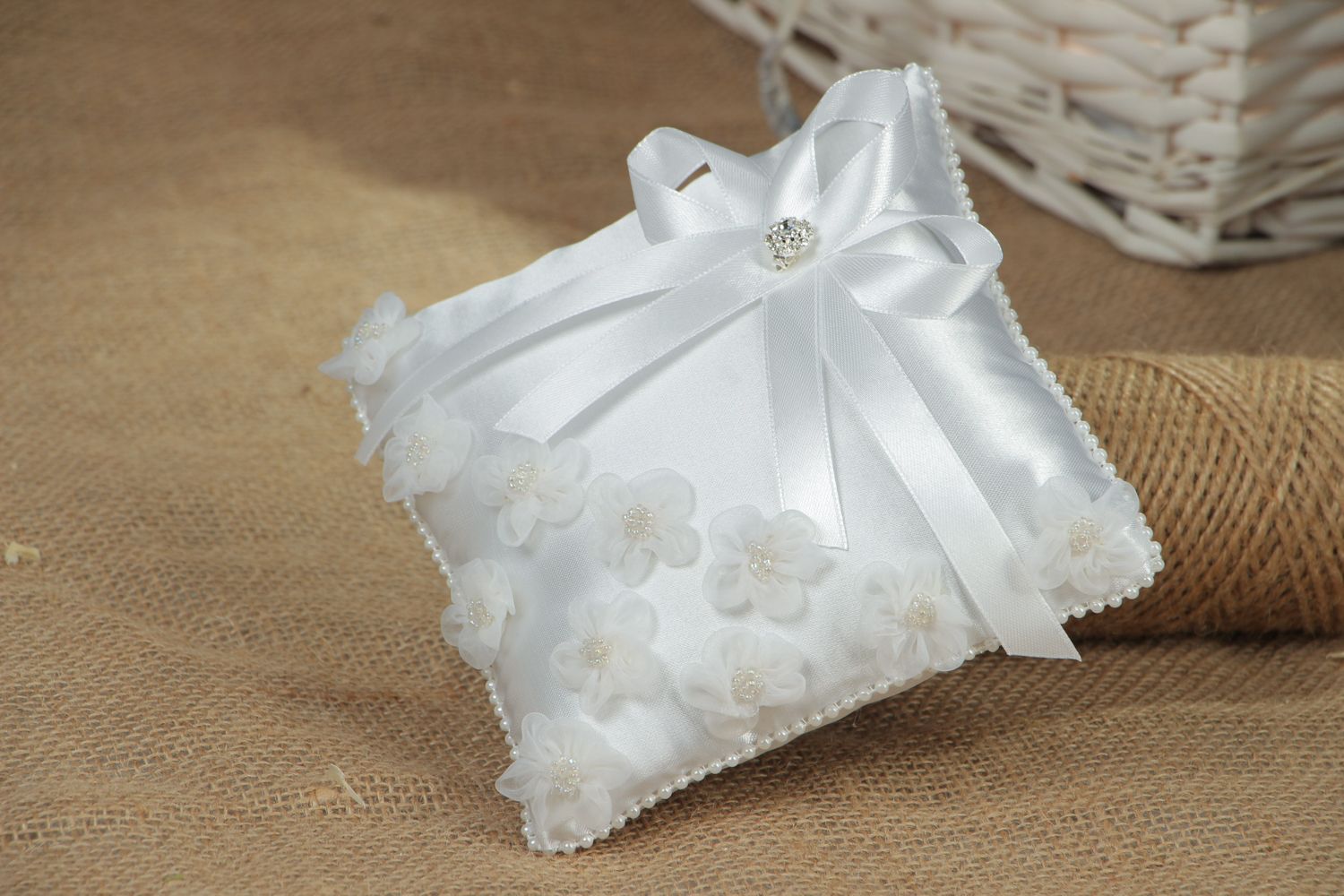 Handmade fabric wedding ring pillow photo 5