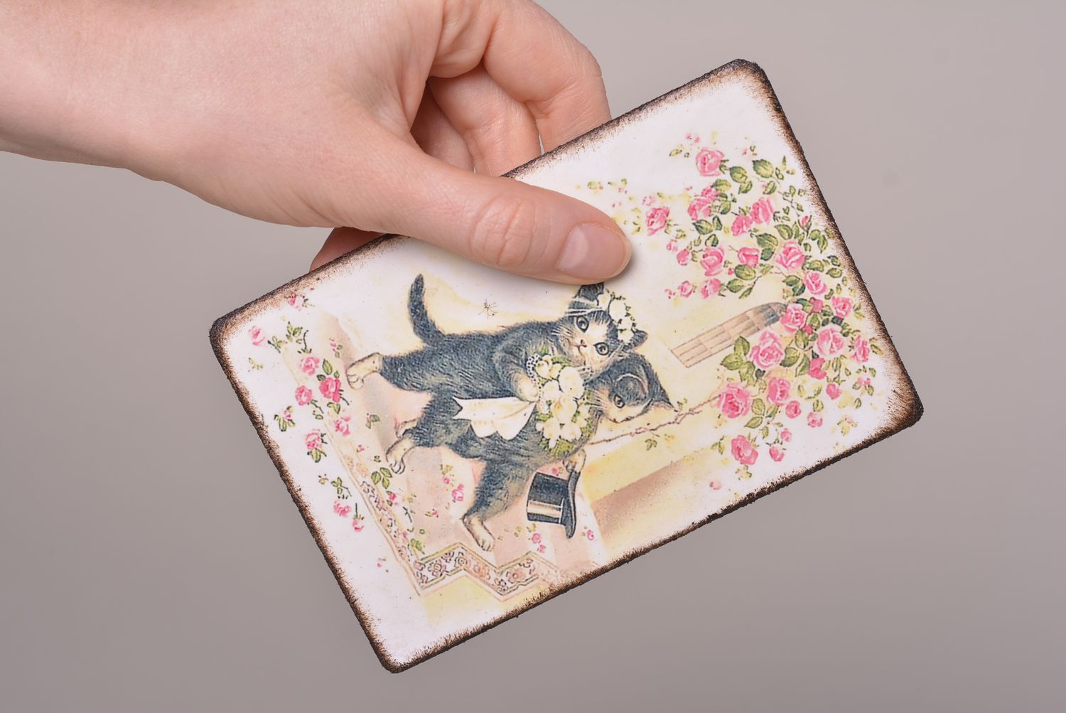 Handmade schöne Grusskarte Postkarten Holz Grußkarten Designer Katzen zart toll foto 4