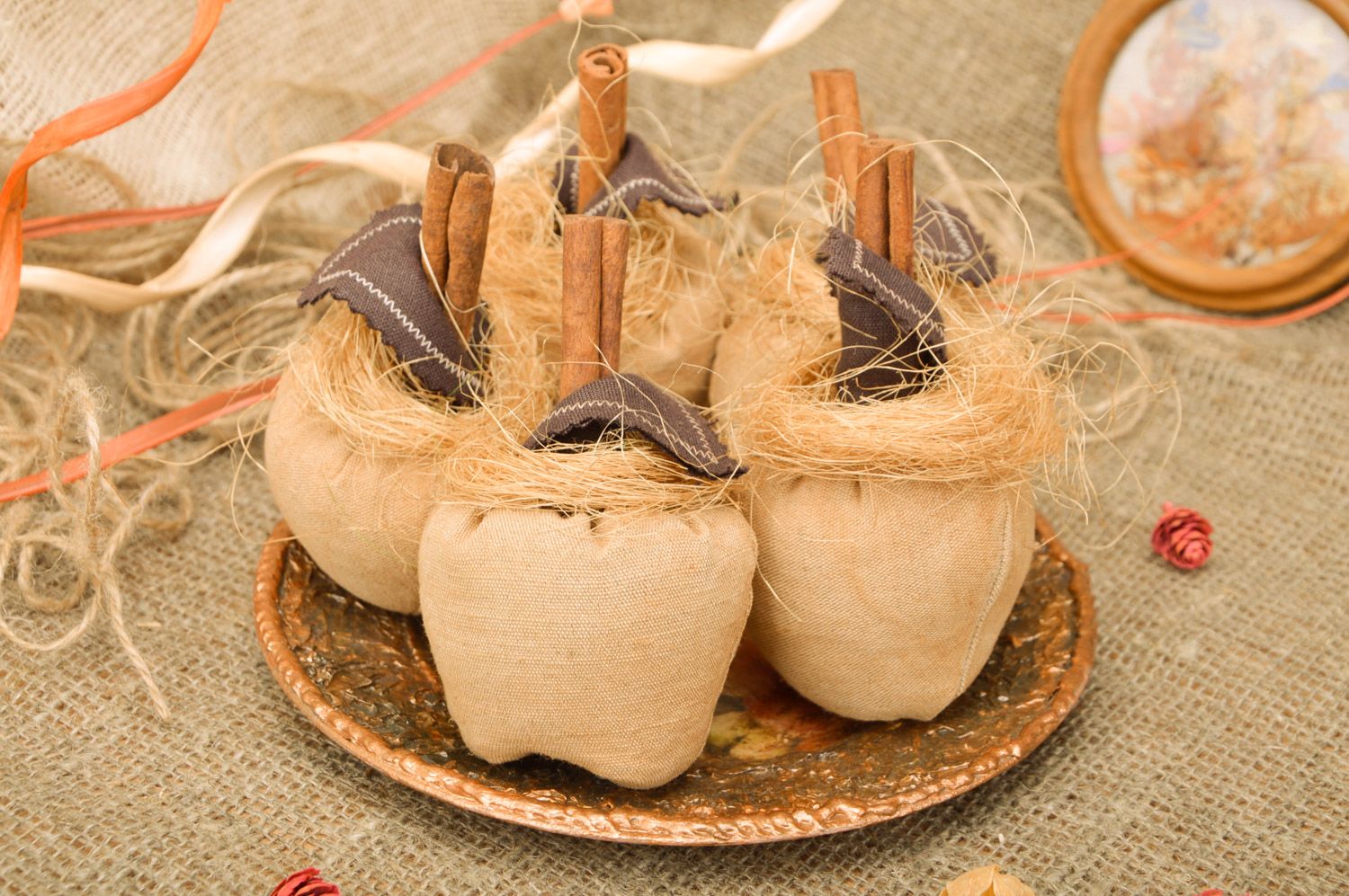 Set of handmade interior soft toy apples sewn of linen with cinnamon sticks 5 items photo 1