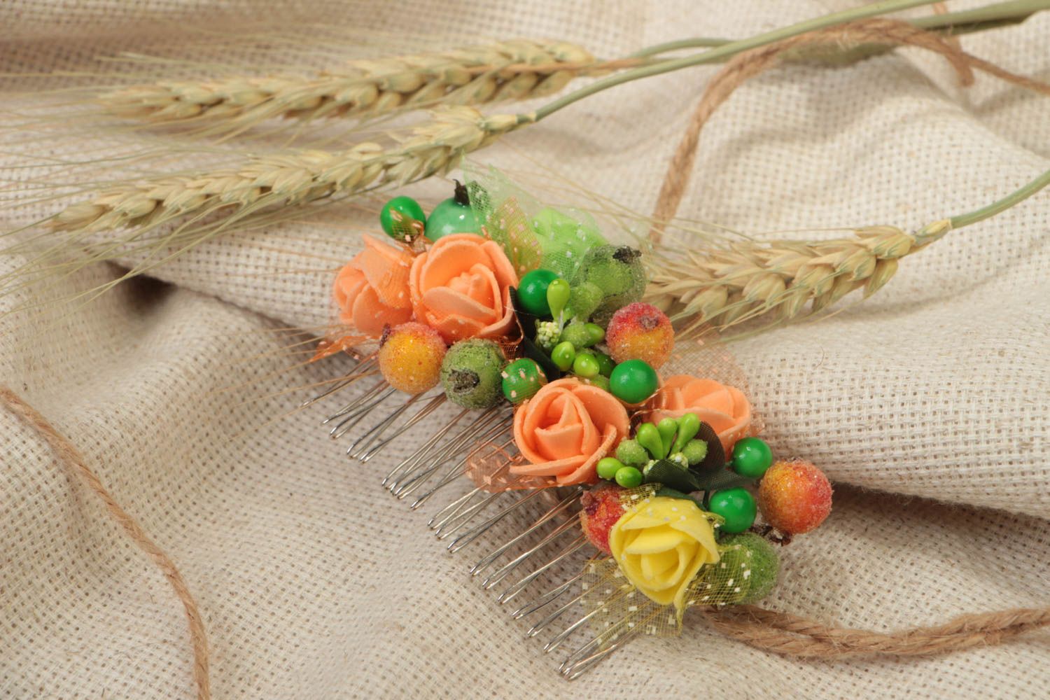 Beautiful handmade hair comb with flowers berries and stamens photo 1