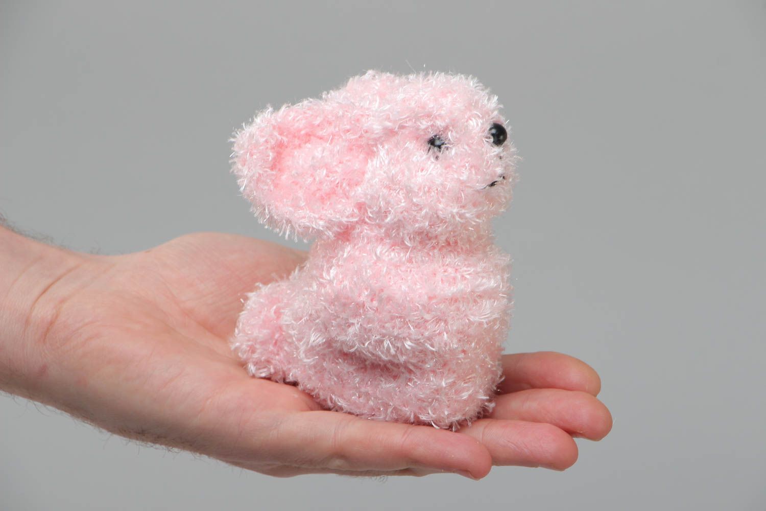 Small pink knitted soft toy in the shape of fluffy rabbit handmade photo 5