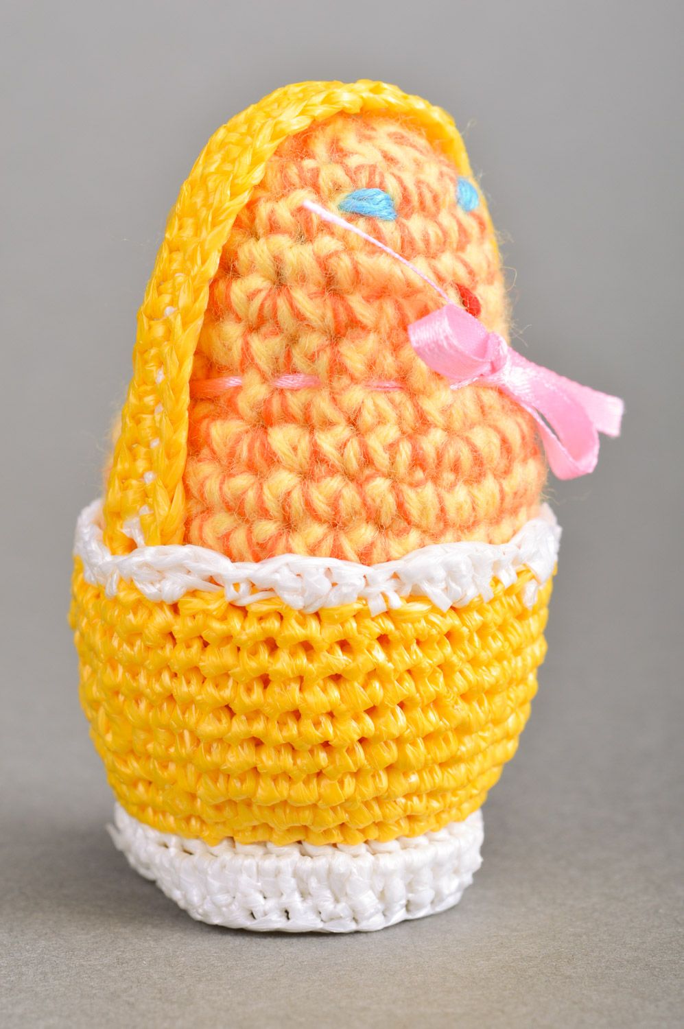 Handmade Easter decoration yellow crochet chicken with bow in basket  photo 2