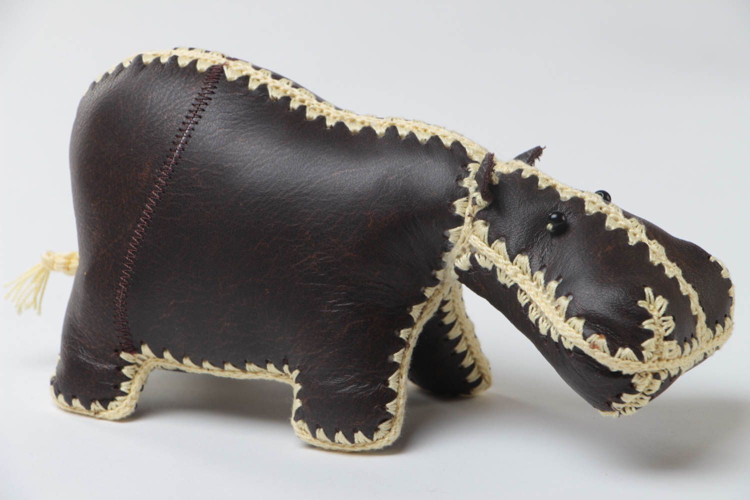 Handmade large designer soft toy sewn of dark leather with light threads Hippo photo 2