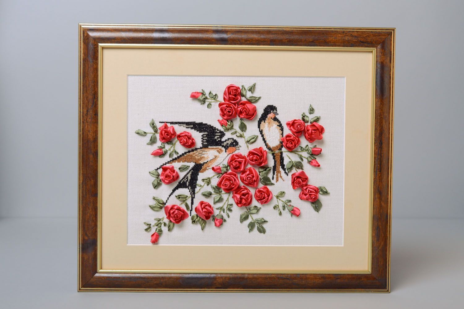 Cross stitched picture with ribbon embroidery photo 2