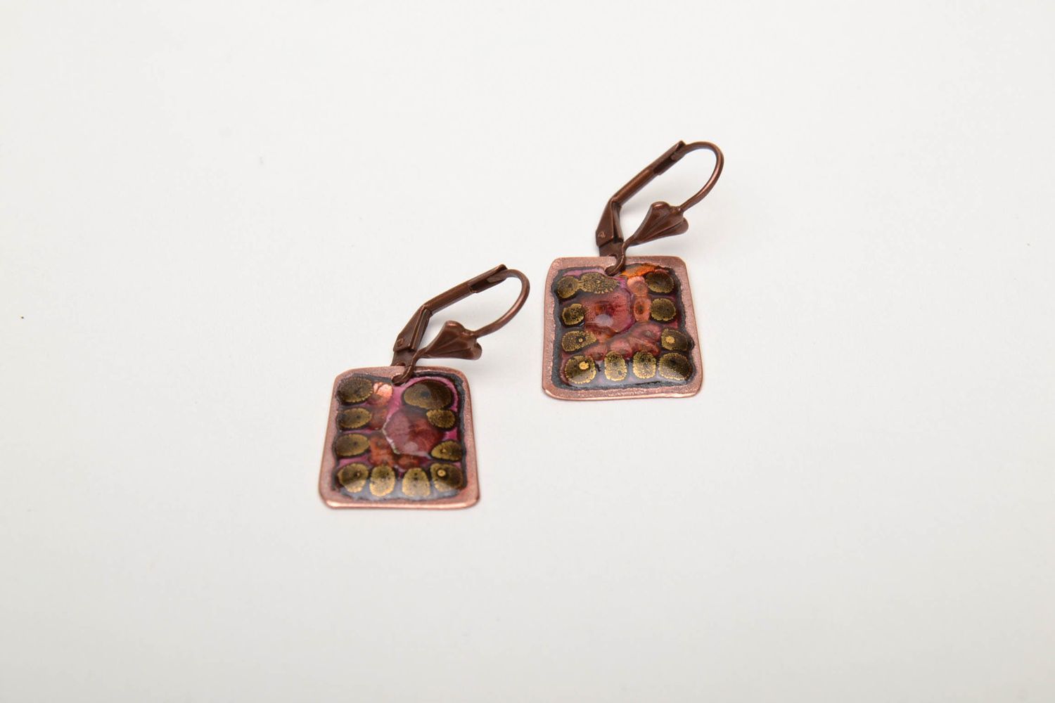 Handmade rectangular copper earrings with enamels photo 3