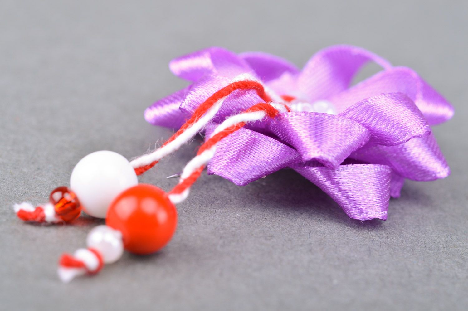 Handmade decorative hair pin with violet satin ribbon flower with beads photo 5