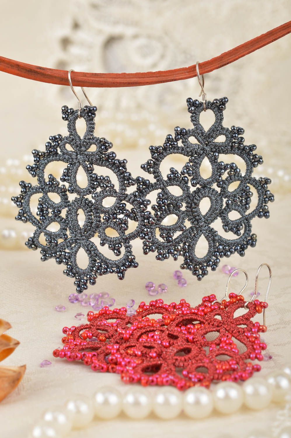 Set of handmade designer tatted lace earrings with beads 2 pairs for girls photo 1