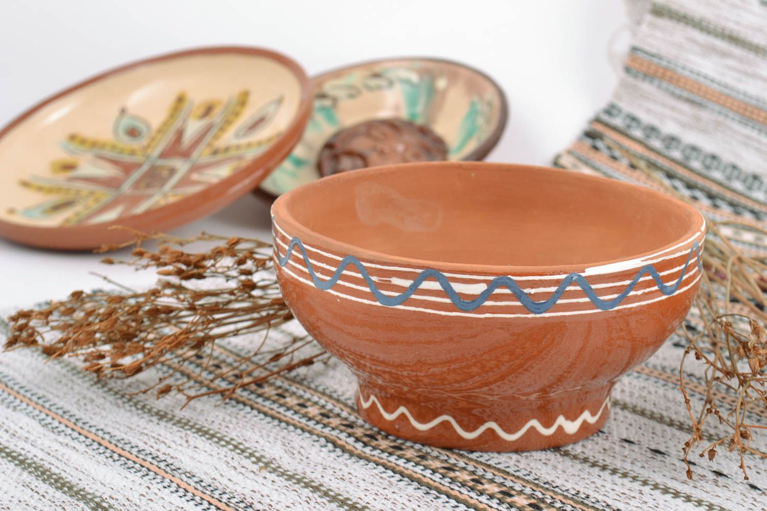 Beautiful handmade brown deep clay bowl with painting 300 ml photo 1