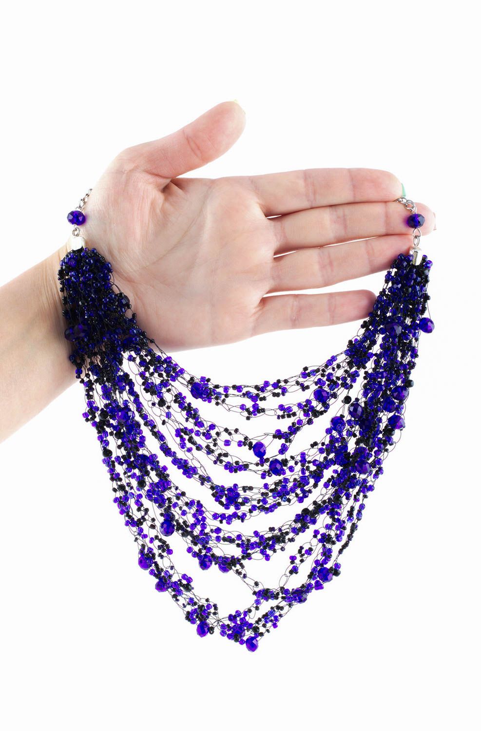 Колье из бисера украшение ручной работы ожерелье из бисера синее с хрусталем фото 4
