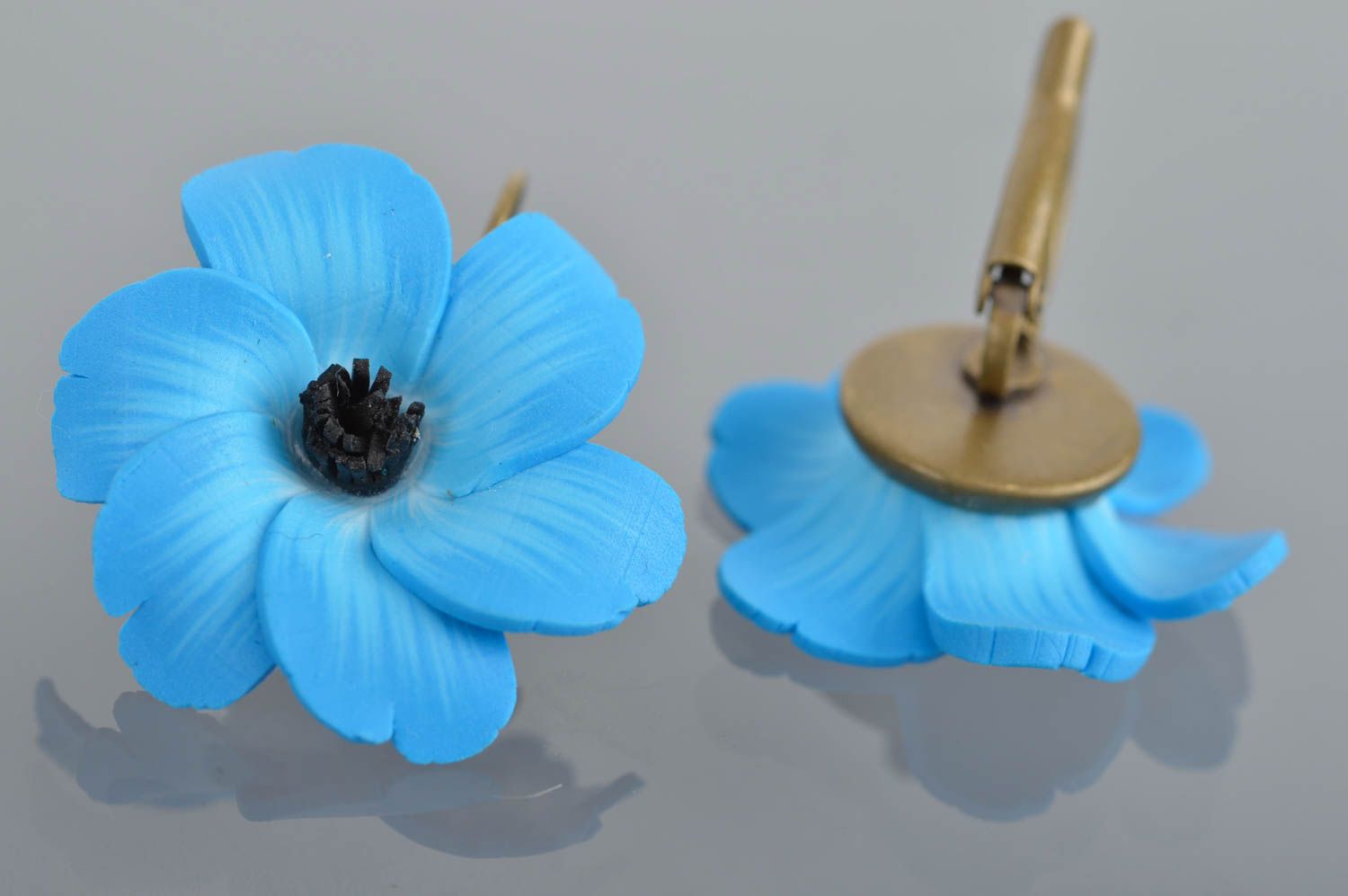 Handmade designer polymer clay flower earrings of blue color beautiful jewelry photo 5