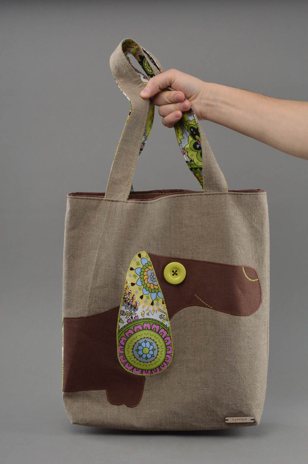 Beautiful gray handmade designer textile linen shoulder bag with dachshund image photo 4