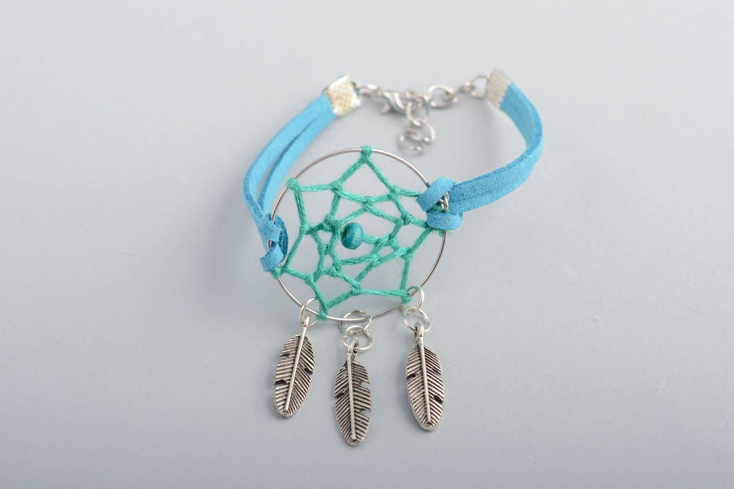 Handmade designer faux suede blue cord macrame bracelet with dreamcatcher amulet photo 3