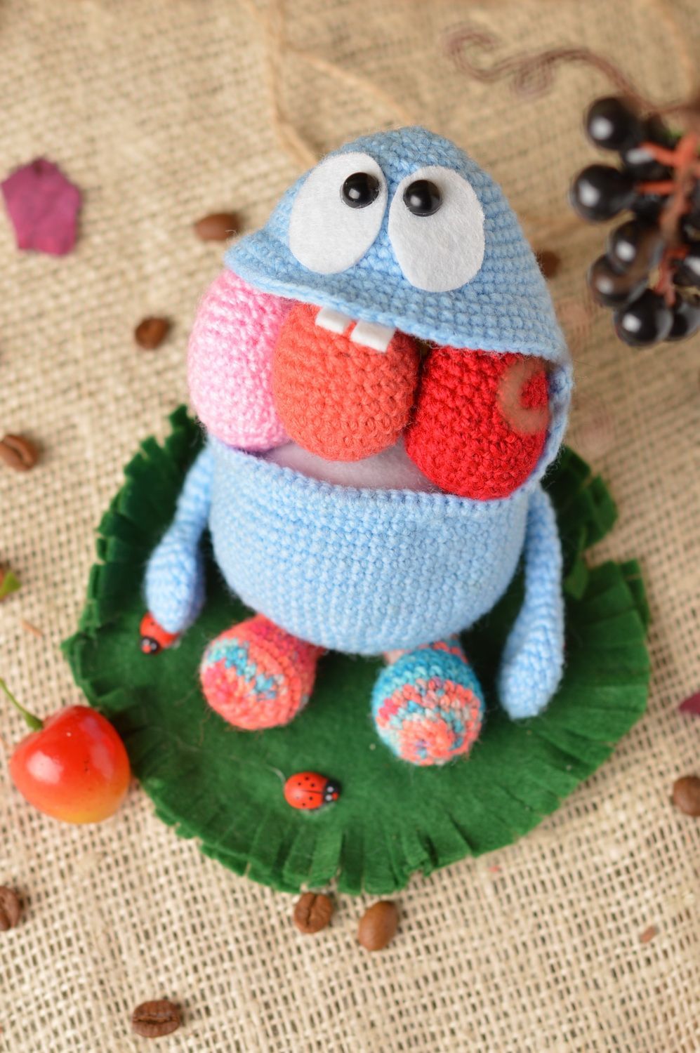 Handmade small crocheted soft toy blue funny creature for kids over 3 years old photo 1