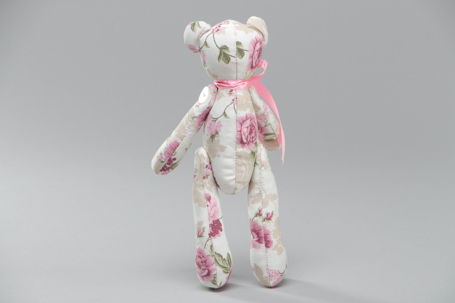 Handmade soft toy bear sewn of cotton fabric with light floral print photo 4