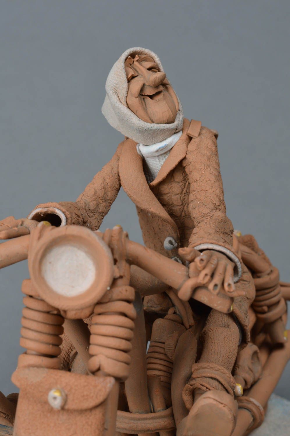 Unusual handmade interior clay figurine Grandma on Motorcycle funny ceramic statuette photo 2