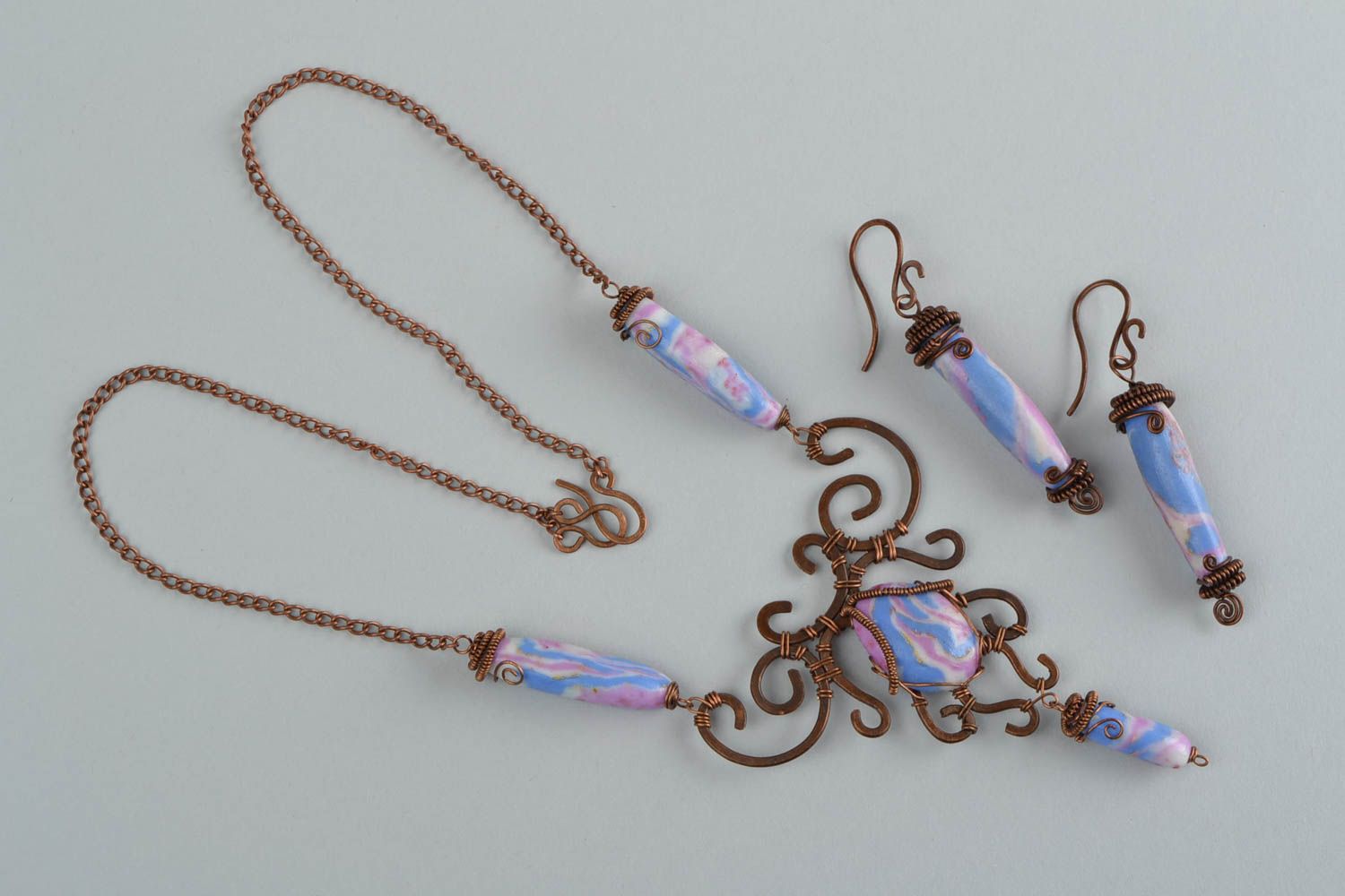Earrings and pendant made of copper and polymer clay using wire wrap technique photo 3