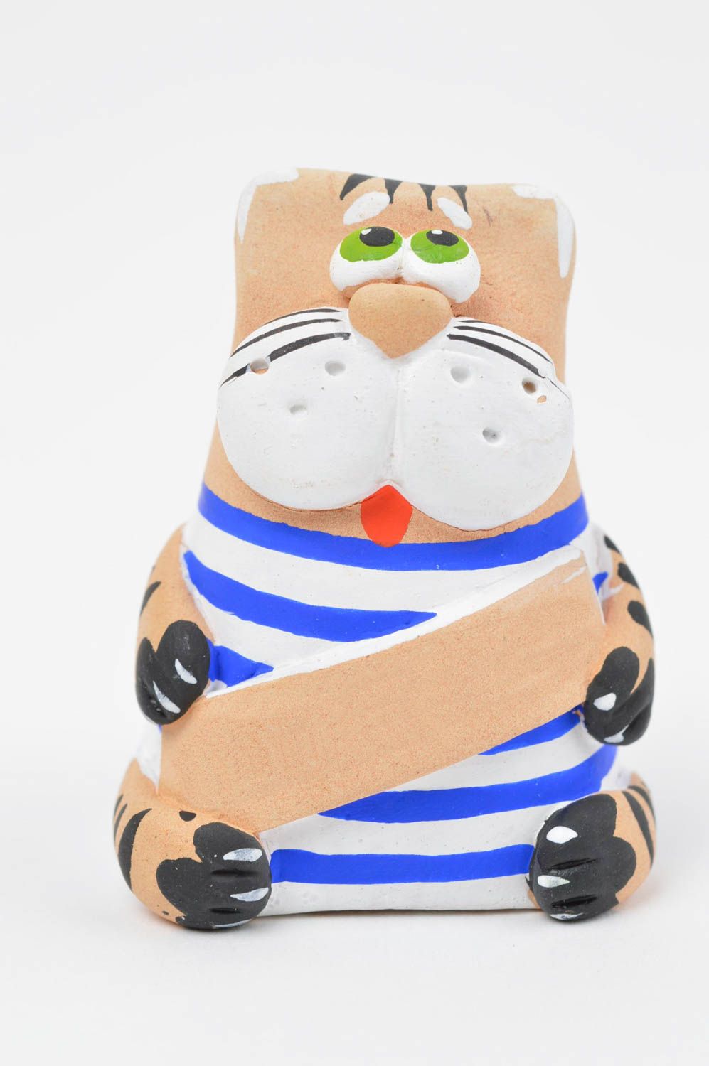 Авторская глиняная статуэтка фигурка кота моряка в тельняшке ручной работы фото 2