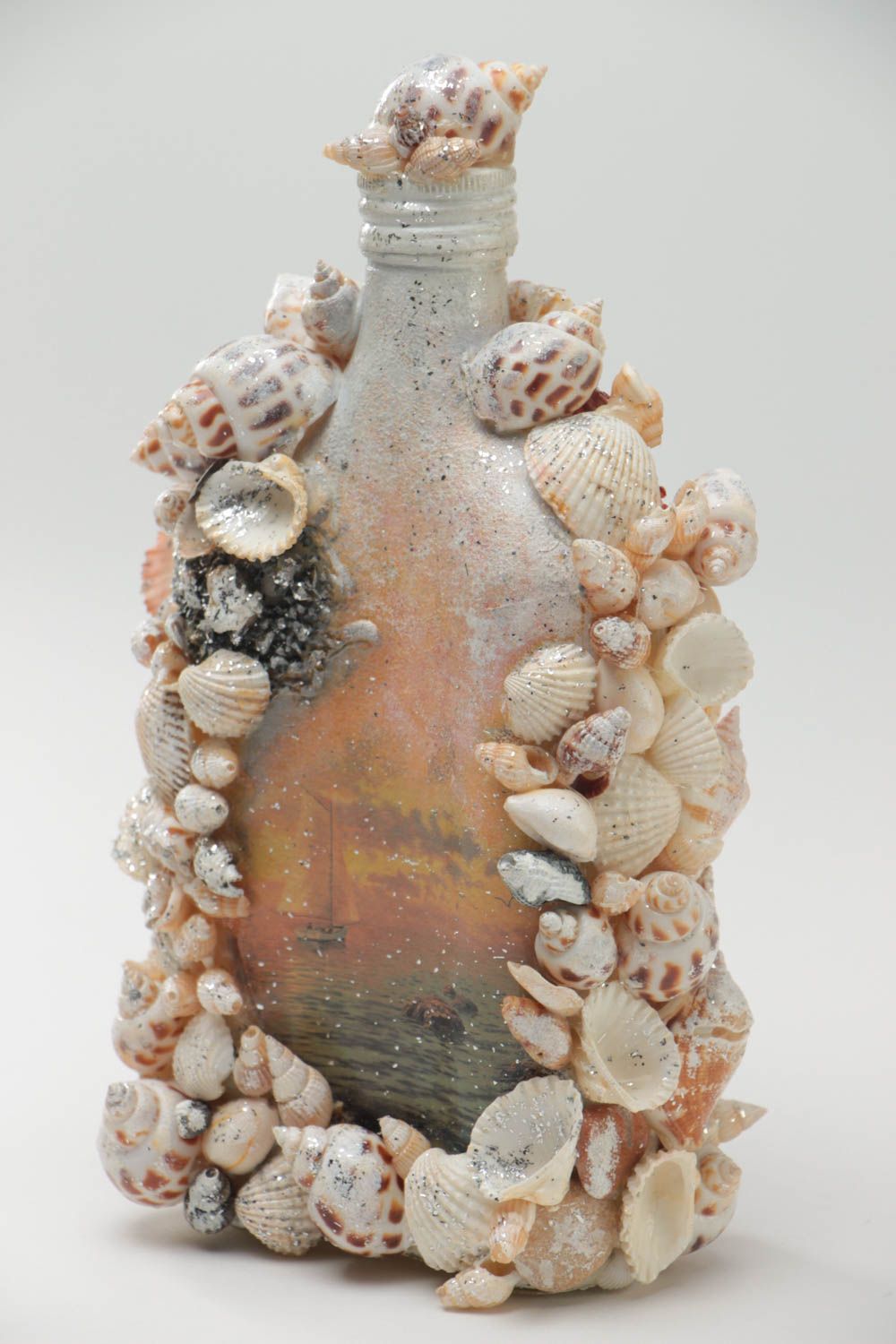 Decorative bottle with shells and decoupage pretty small handmade accessory photo 4