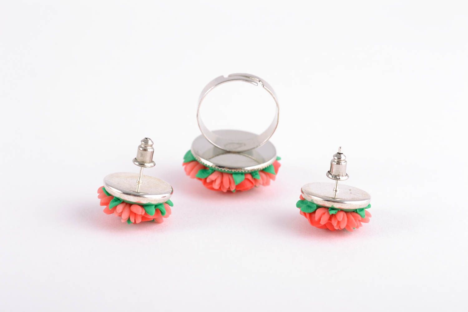 Handmade polymer clay floral jewelry set earrings and ring photo 4