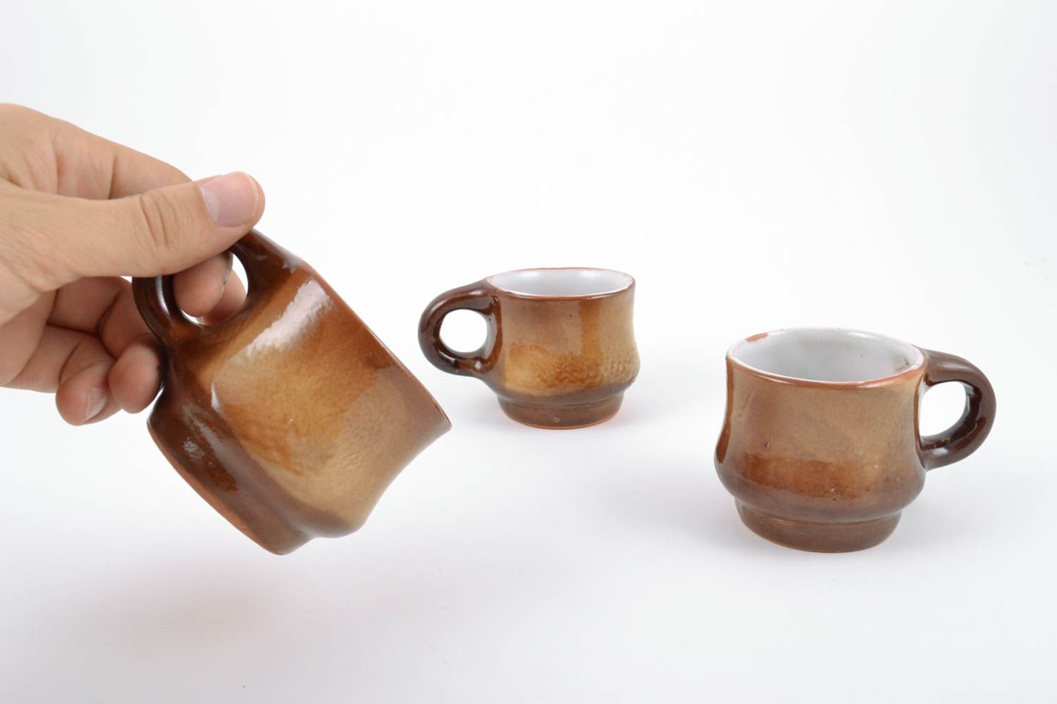 Handmade brown glazed clay cups set 3 pieces 150 ml eco kitchenware photo 4