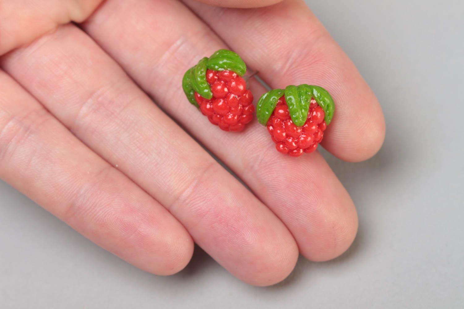 Handmade designer bright polymer clay stud earrings in the shape of raspberry photo 5