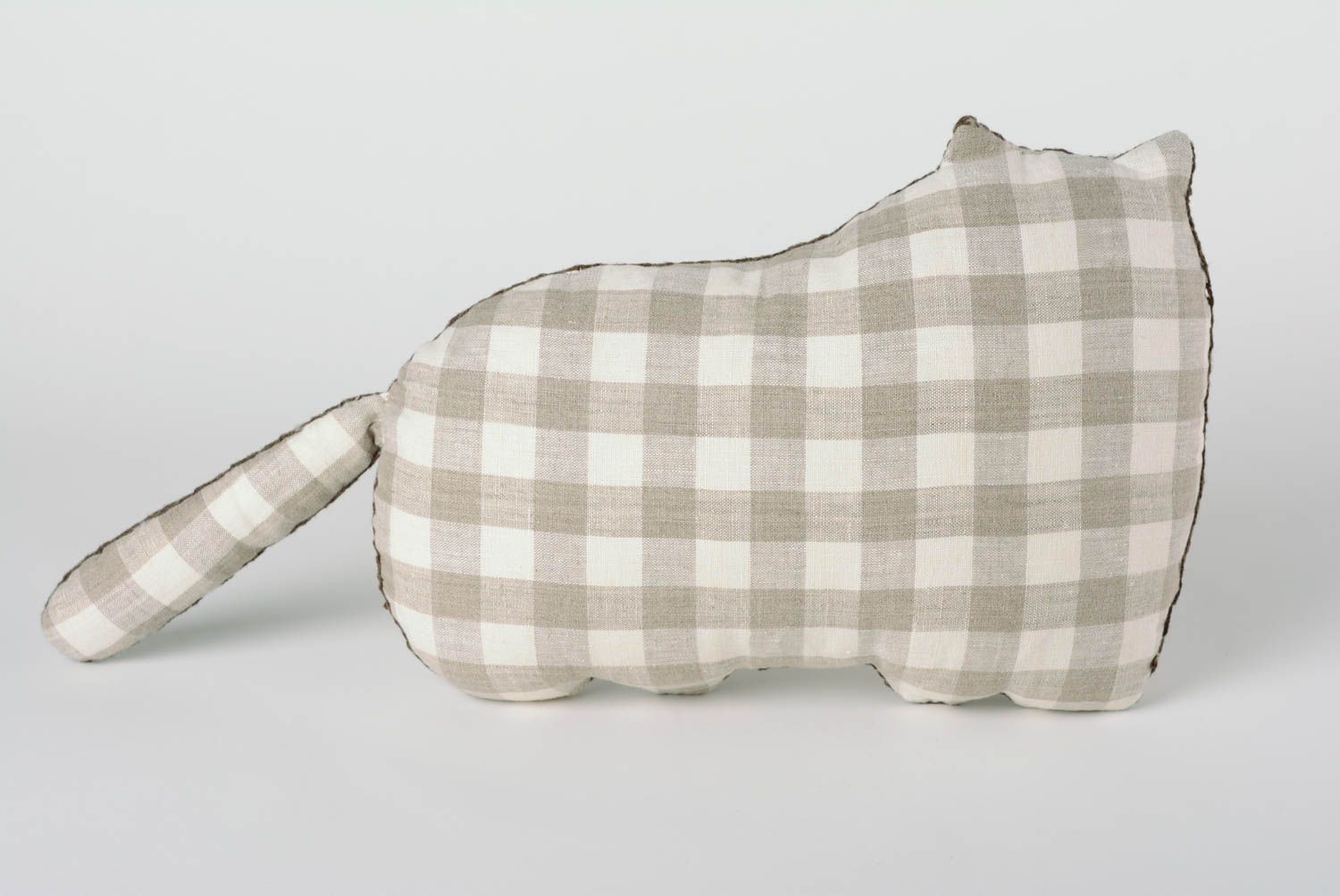 Handmade decorative soft pillow pet sewn of natural checkered linen fabric Cat photo 4