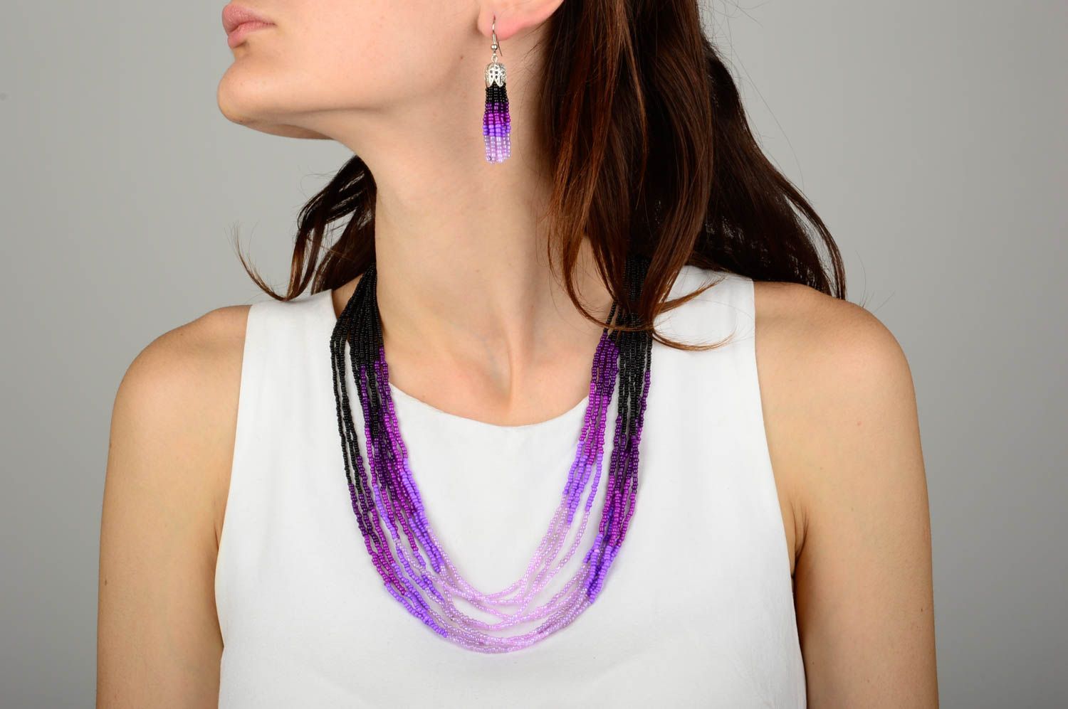 Ensemble bijoux Collier fait main Boucles d'oreilles pendantes noir-violet photo 5