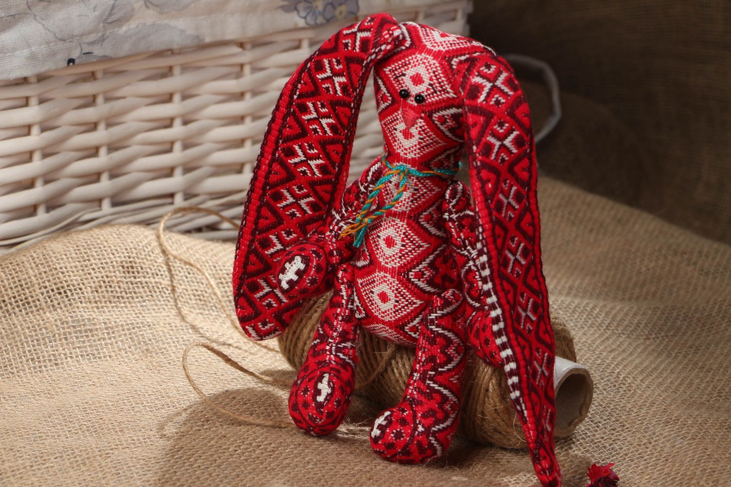 Motley handmade toy hare with long ears photo 5
