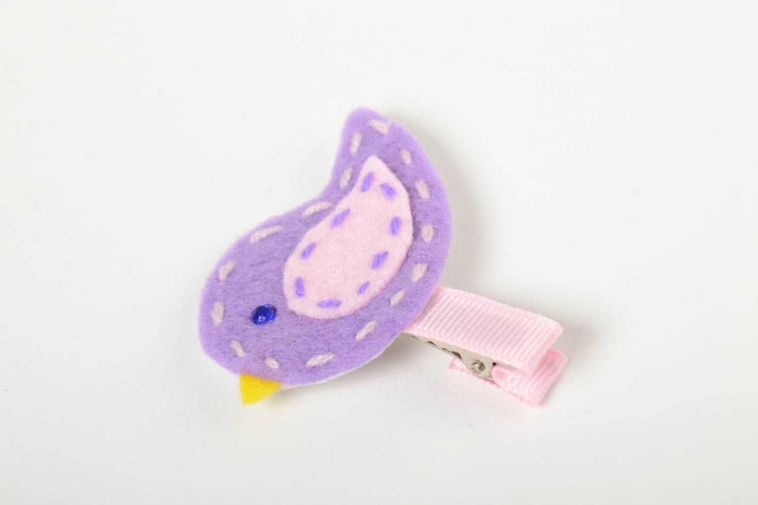 Lilac hairpin made of rep ribbon and fleece handmade baby barrette Bird photo 4
