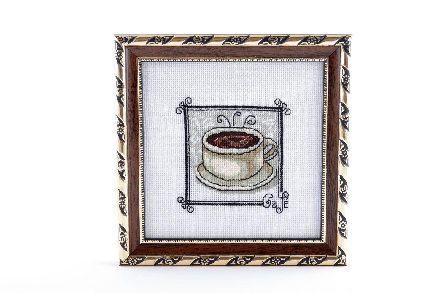Картина на стену ручной работы вышитая картина декор для дома Чашка кофе фото 1