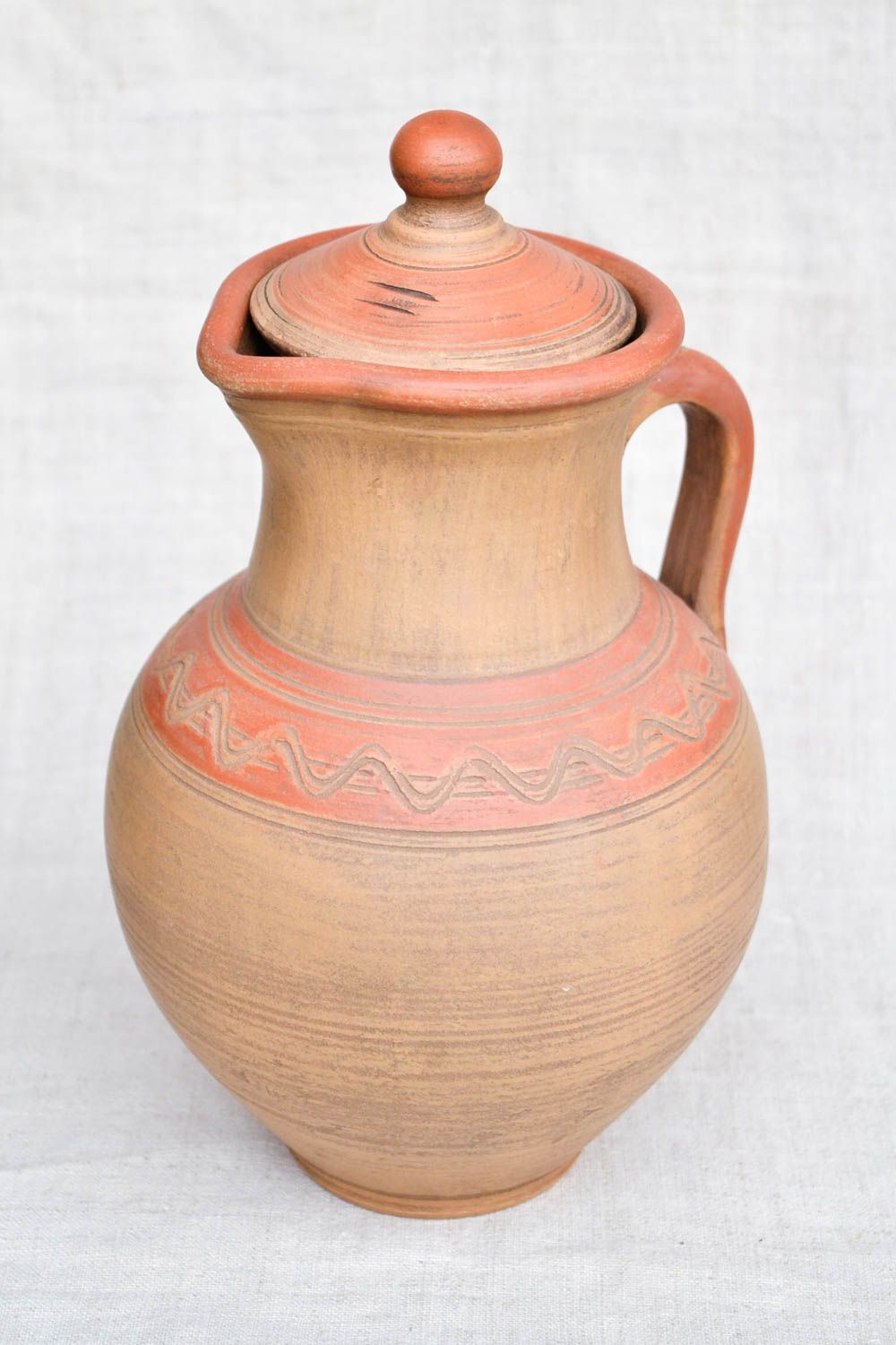 Large ethnic style ceramic water pitcher with handle, lid, and ornament décor 11, 2,7 lb photo 3