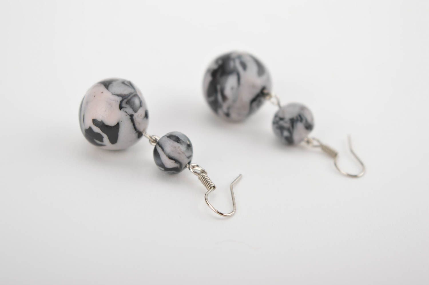 Gray handmade plastic earrings dangle bead earrings artisan jewelry for her photo 2