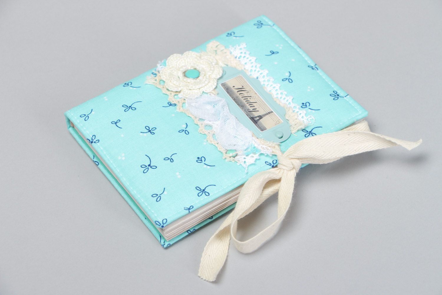 Handmade designer blue beautiful notepad with fabric cover and lace 80-sheet photo 2