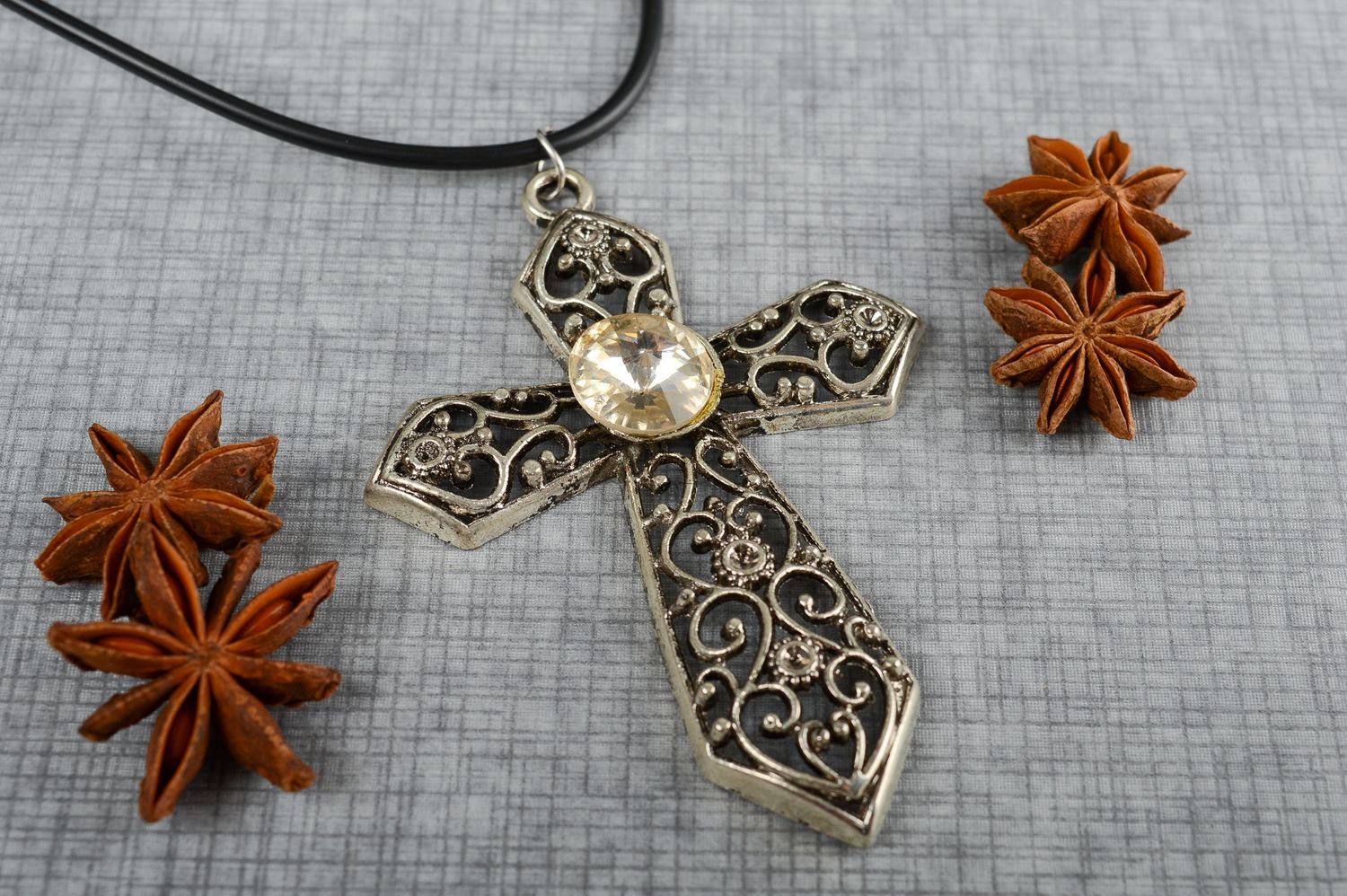 Handmade pectoral cross pendant metal cross with a rhinestone unusual women gift photo 1