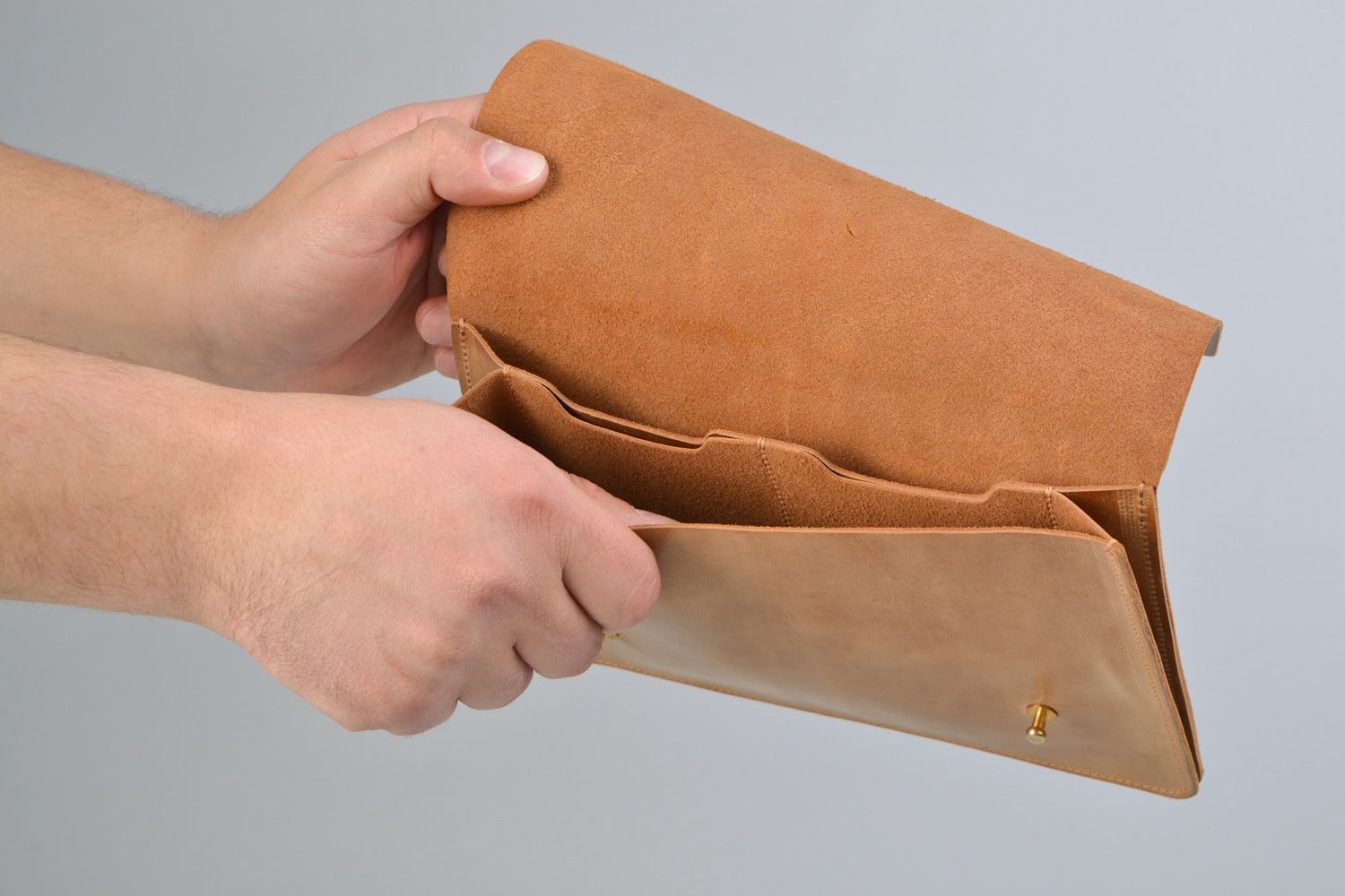 Handmade beige leather clutch wallet for documents photo 2