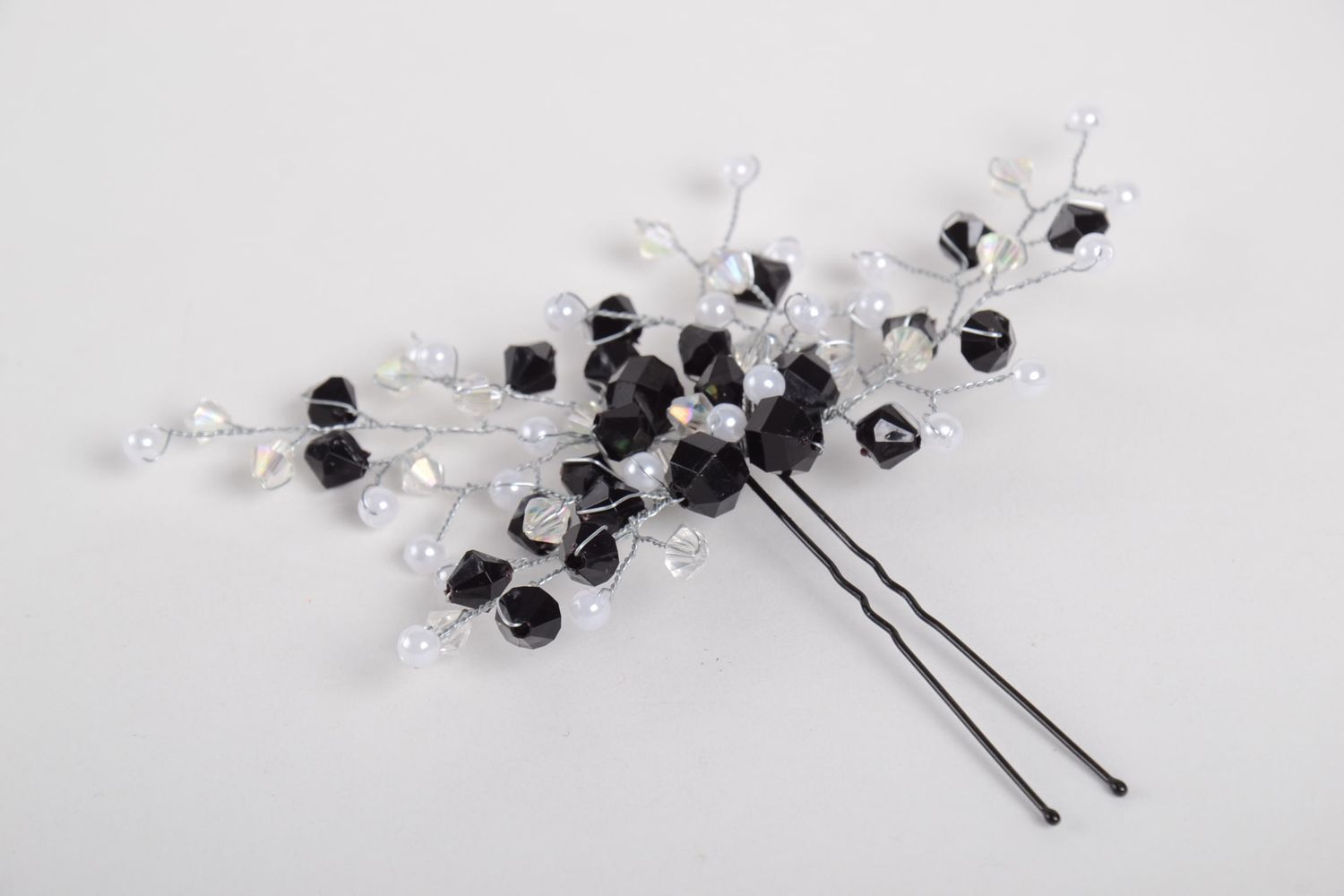Schwarz weiße Haarnadel mit Perlen handgemachter Schmuck Haar Accessoire  foto 5
