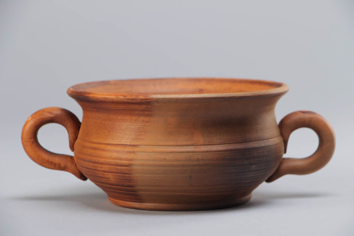 Homemade ethnic ceramic soup bowl with handles kilned with the use of milk 250 ml photo 2