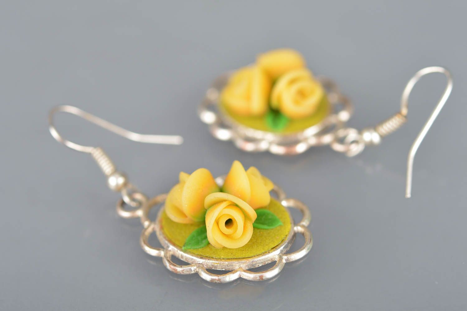 Polymer clay handmade designer yellow earrings with flowers summer accessory photo 3