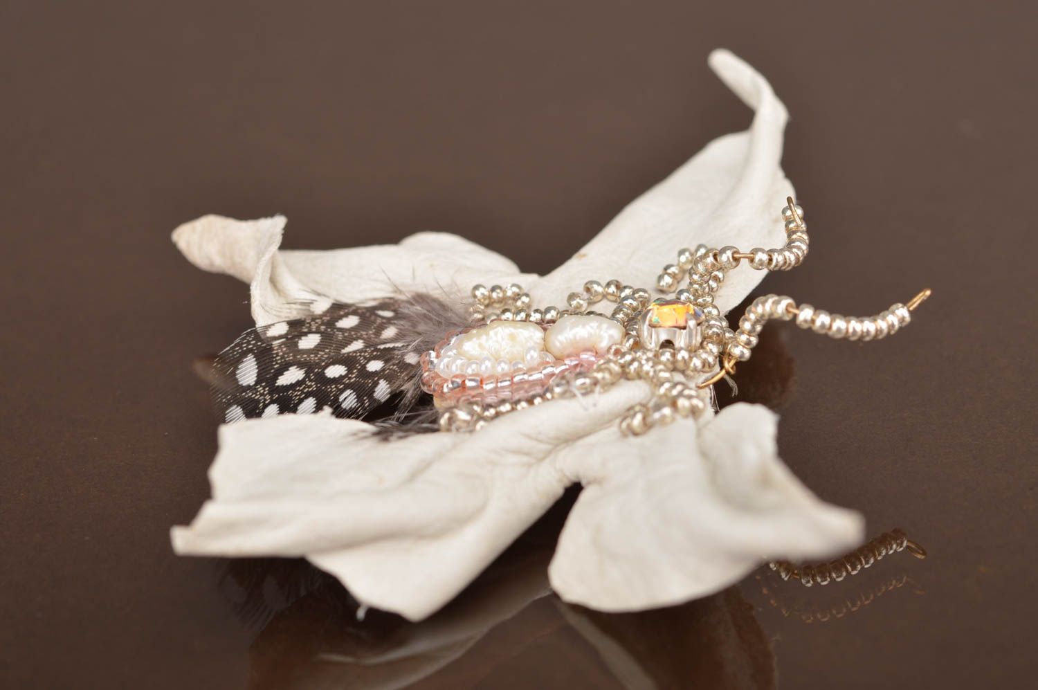Beautiful handmade white leather brooch in shape of butterfly with feathers photo 3