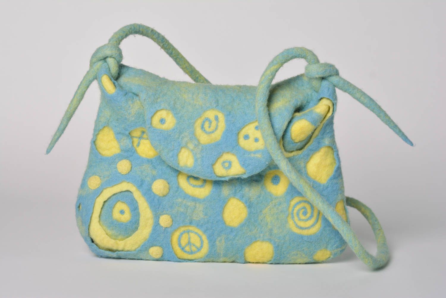 Designer handmade women's rectangular bag felted of wool blue and yellow photo 2