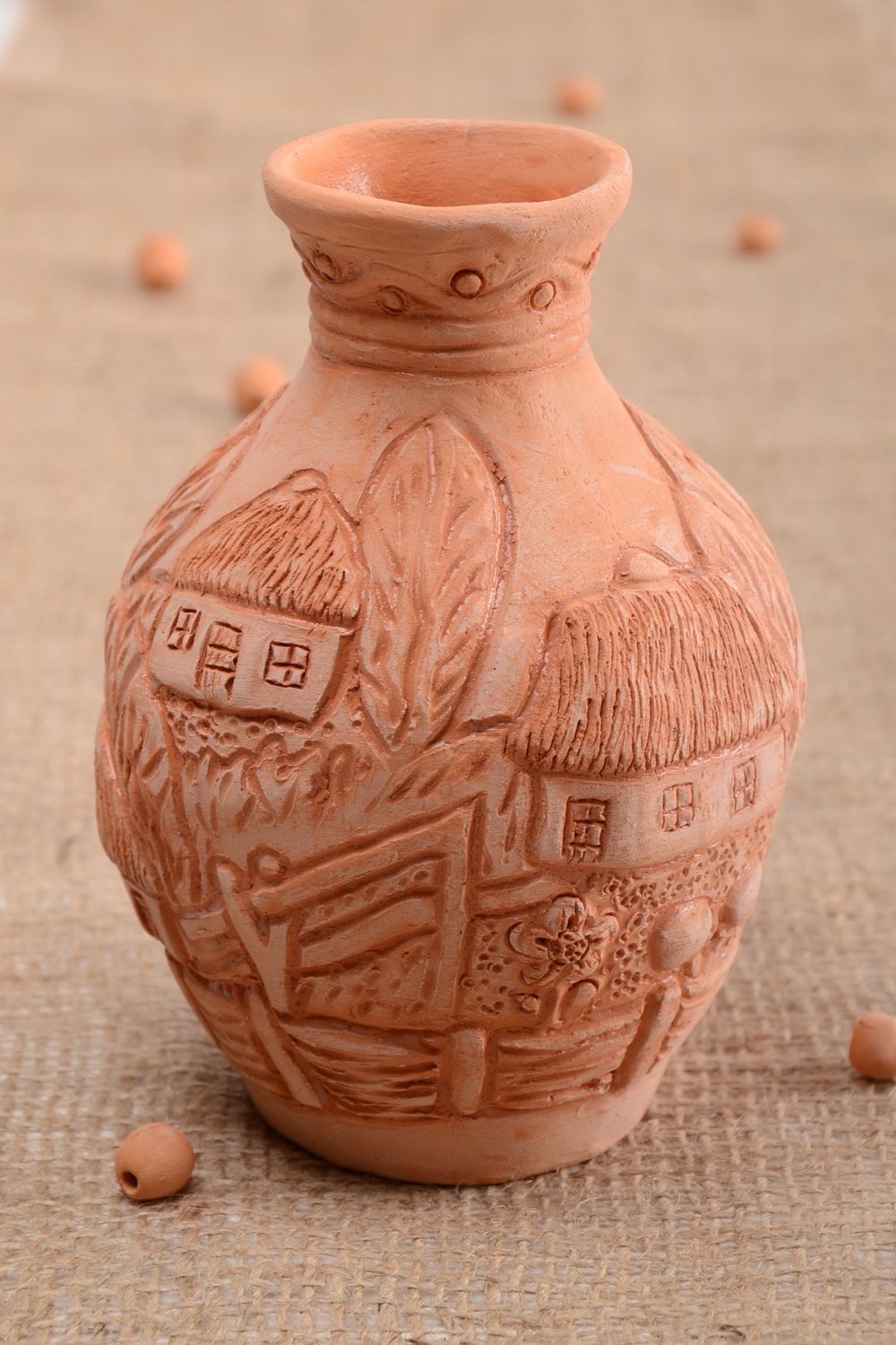 Small clay village style handmade flower vase 5,5, 0,69 lb photo 1