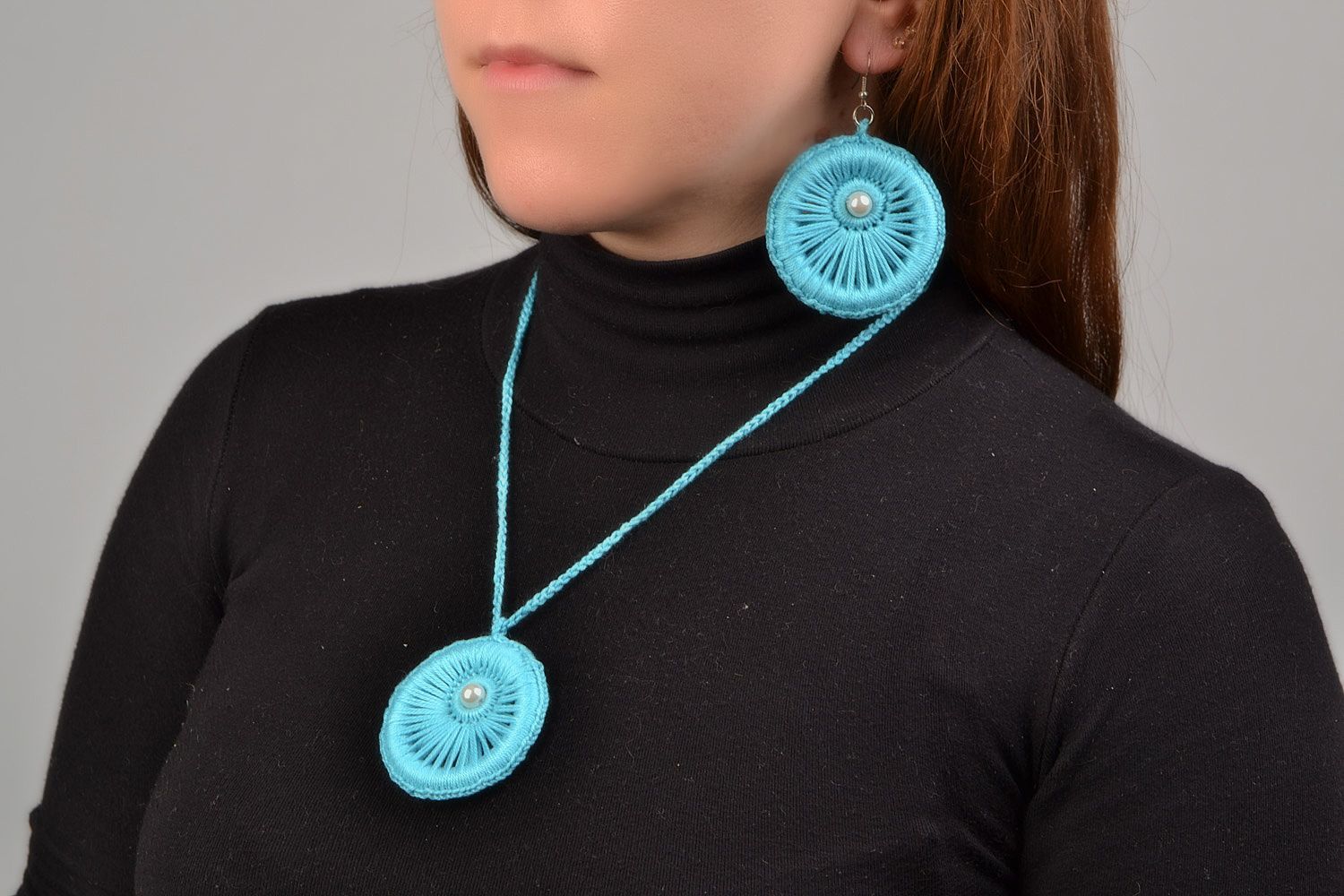Ensemble de bijoux bleus ronds textiles faits main pour femme 2 pièces photo 1
