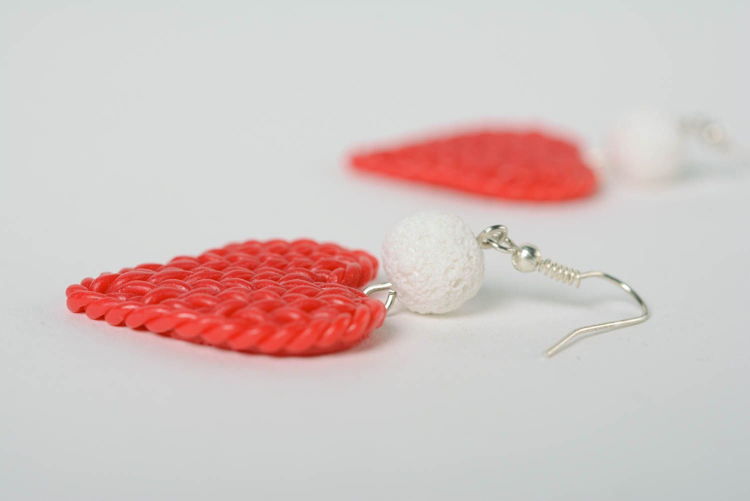 Handmade designer polymer clay earrings in the form of hearts with beads  photo 5