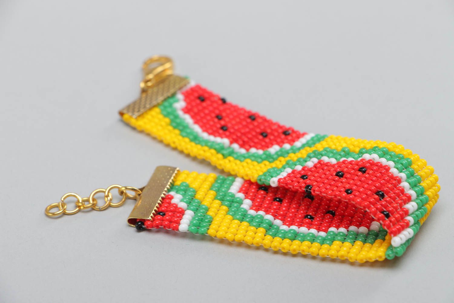 Beaded hand-woven bright bracelet with pattern of yellow watermelon present for girl photo 4