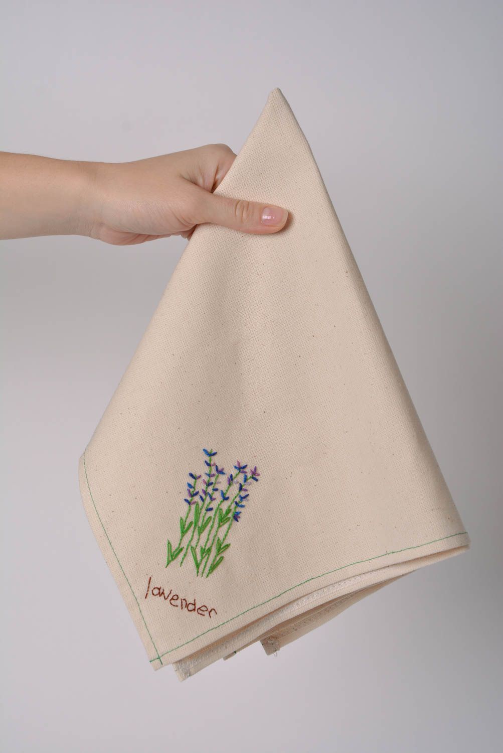 Handmade semi linen fabric kitchen dish towel with tender embroidery Lavender photo 2