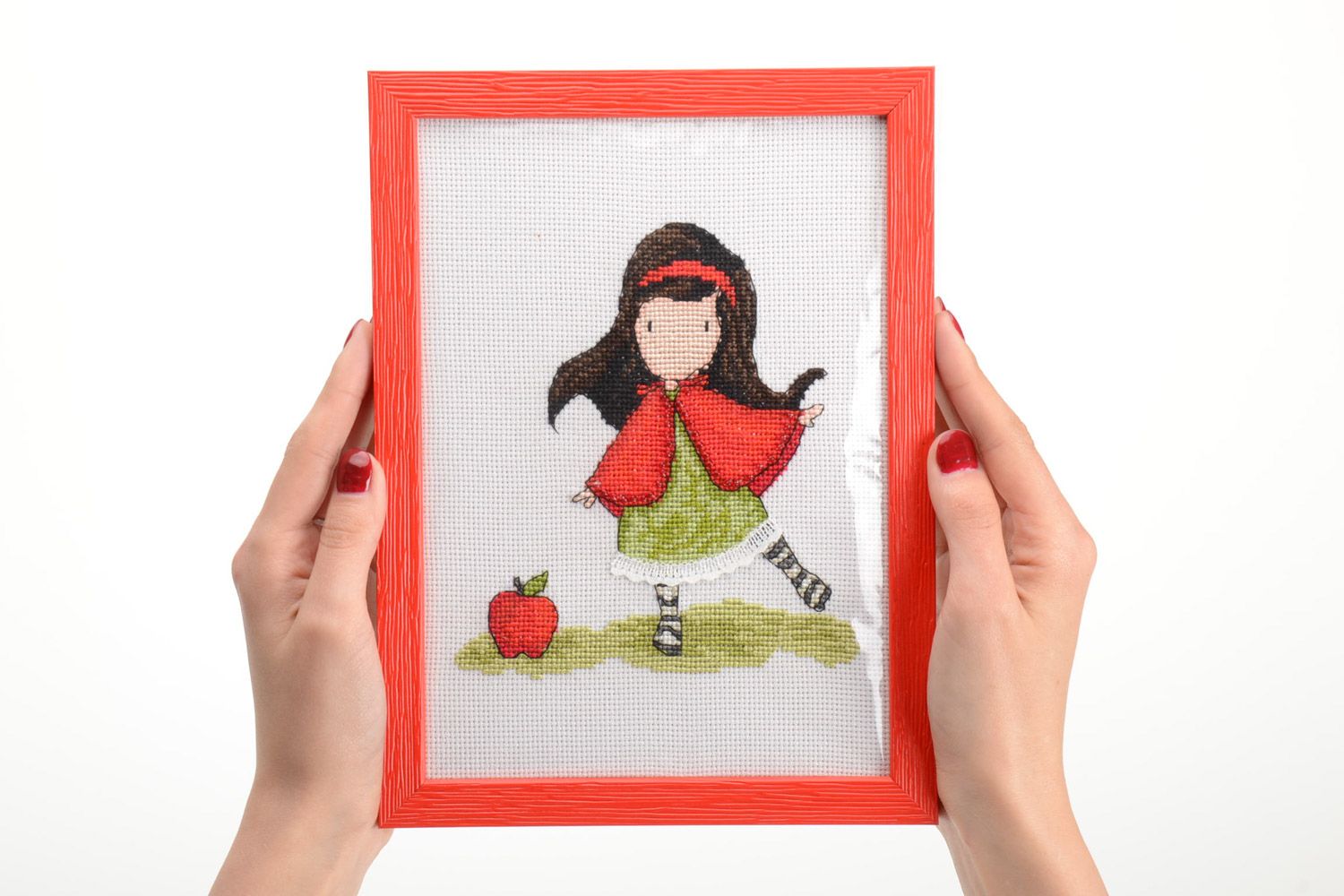 Handmade small embroidered picture with red frame Girl with Apple photo 5