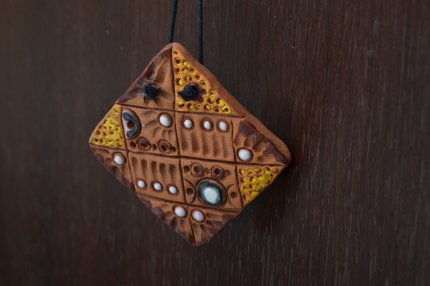 Handmade painted ceramic pendant of square shape in ethic style for women photo 1
