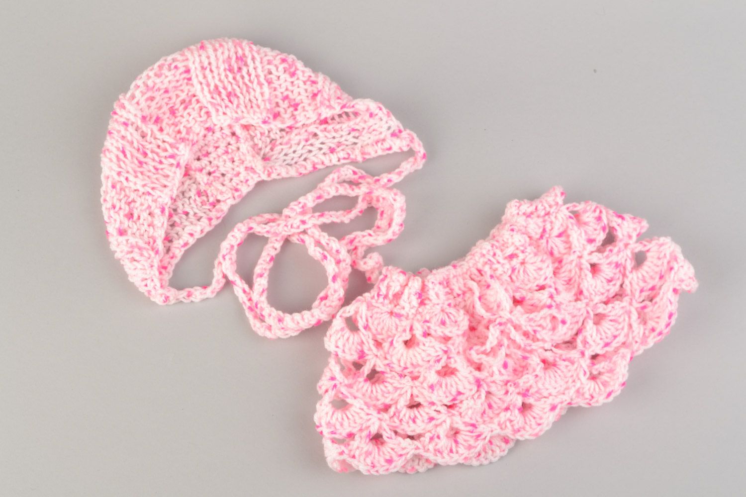 Crocheted handmade set of baby skirt and baby bonnet of pink color for girl photo 1